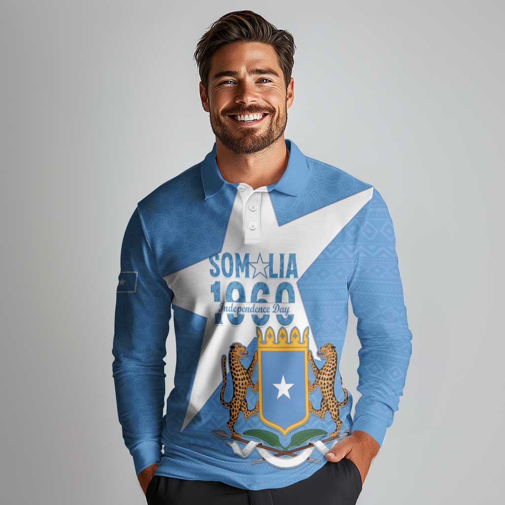 Personalized Somalia 1960 Independence Day Long Sleeve Polo Shirt Coat Of Arms Islamic Mix African Pattern