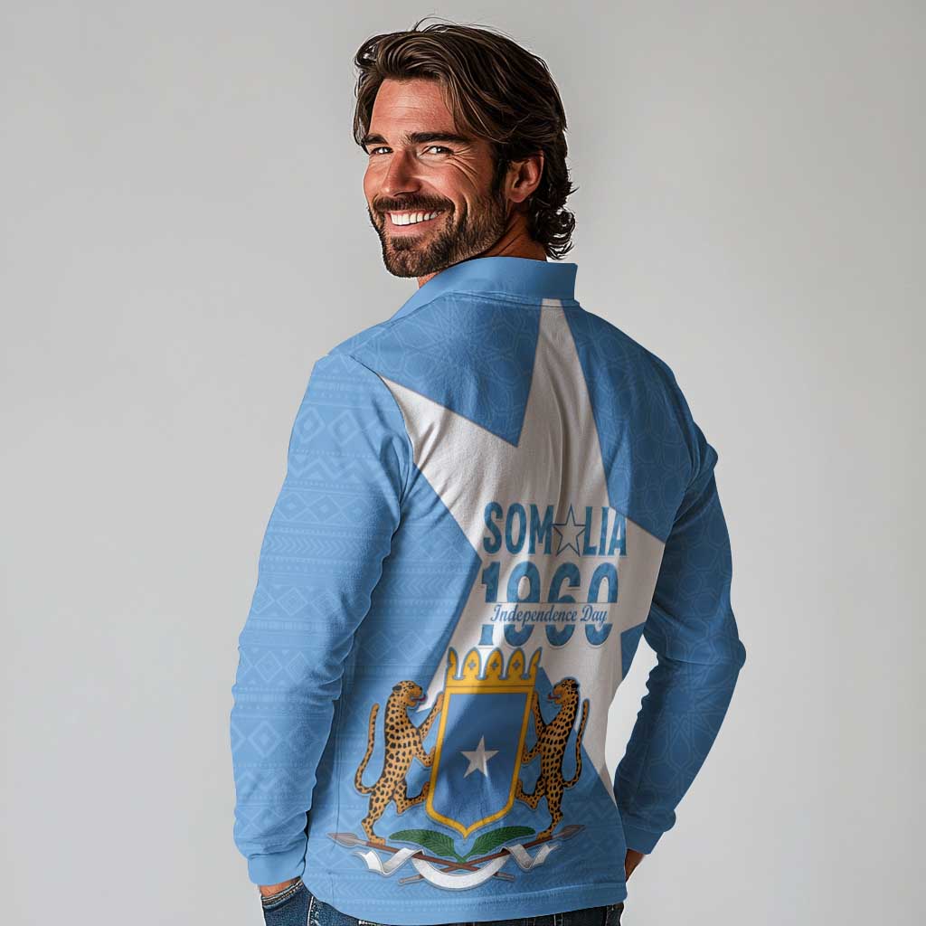 Personalized Somalia 1960 Independence Day Long Sleeve Polo Shirt Coat Of Arms Islamic Mix African Pattern