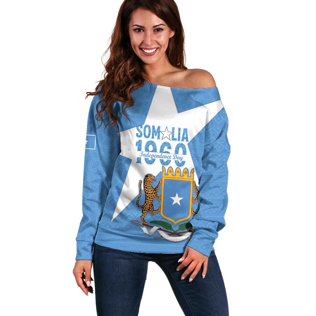 Personalized Somalia 1960 Independence Day Off Shoulder Sweater Coat Of Arms Islamic Mix African Pattern