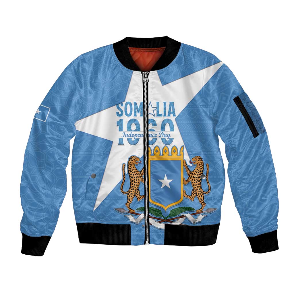 Personalized Somalia 1960 Independence Day Sleeve Zip Bomber Jacket Coat Of Arms Islamic Mix African Pattern