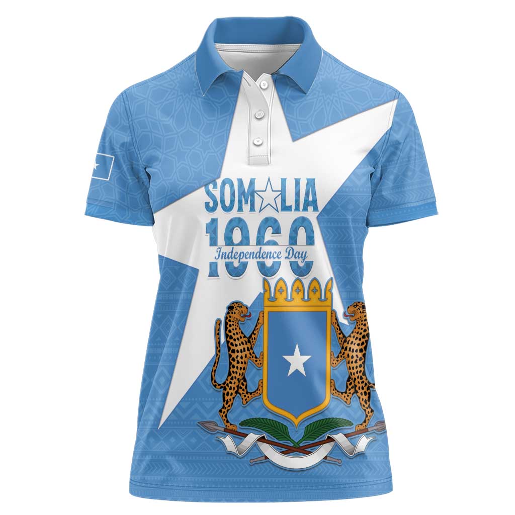 Personalized Somalia 1960 Independence Day Women Polo Shirt Coat Of Arms Islamic Mix African Pattern