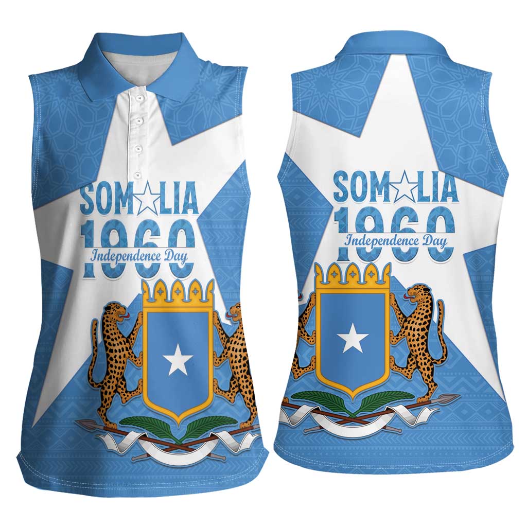 Personalized Somalia 1960 Independence Day Women Sleeveless Polo Shirt Coat Of Arms Islamic Mix African Pattern