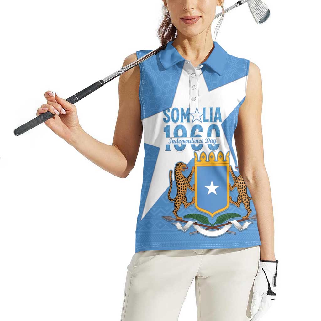 Personalized Somalia 1960 Independence Day Women Sleeveless Polo Shirt Coat Of Arms Islamic Mix African Pattern