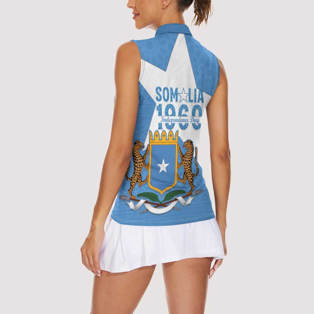 Personalized Somalia 1960 Independence Day Women Sleeveless Polo Shirt Coat Of Arms Islamic Mix African Pattern
