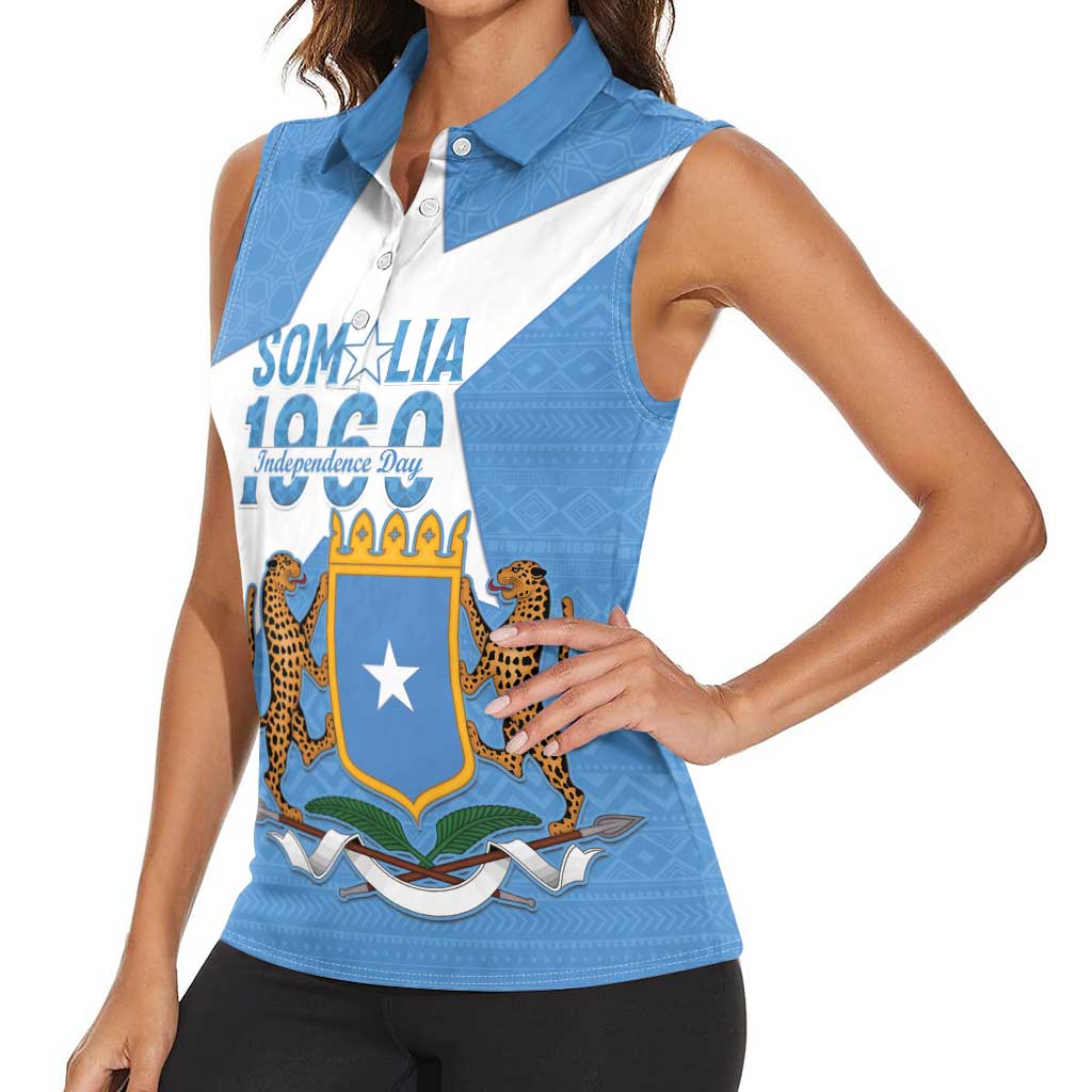 Personalized Somalia 1960 Independence Day Women Sleeveless Polo Shirt Coat Of Arms Islamic Mix African Pattern