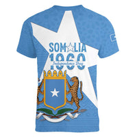 Personalized Somalia 1960 Independence Day Women V-Neck T-Shirt Coat Of Arms Islamic Mix African Pattern