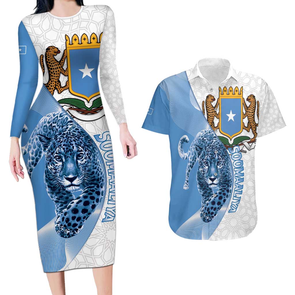 Somali Leopard Couples Matching Long Sleeve Bodycon Dress and Hawaiian Shirt Coat Of Arms Islamic Pattern