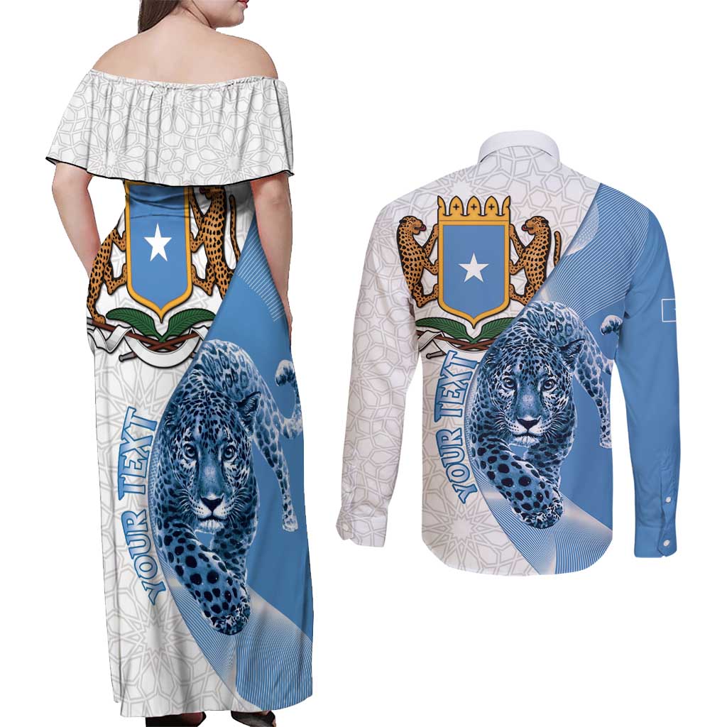 Somali Leopard Couples Matching Off Shoulder Maxi Dress and Long Sleeve Button Shirt Coat Of Arms Islamic Pattern