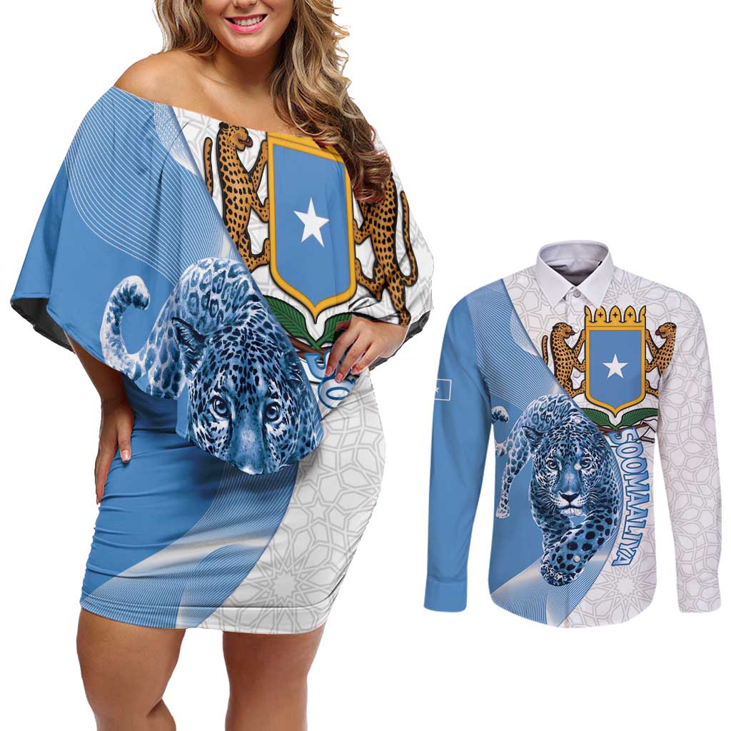 Somali Leopard Couples Matching Off Shoulder Short Dress and Long Sleeve Button Shirt Coat Of Arms Islamic Pattern