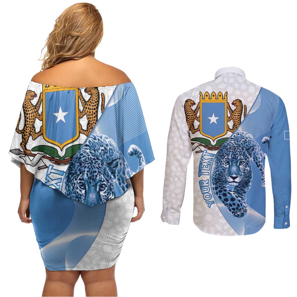 Somali Leopard Couples Matching Off Shoulder Short Dress and Long Sleeve Button Shirt Coat Of Arms Islamic Pattern