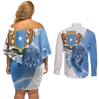Somali Leopard Couples Matching Off Shoulder Short Dress and Long Sleeve Button Shirt Coat Of Arms Islamic Pattern