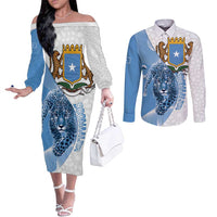 Somali Leopard Couples Matching Off The Shoulder Long Sleeve Dress and Long Sleeve Button Shirt Coat Of Arms Islamic Pattern