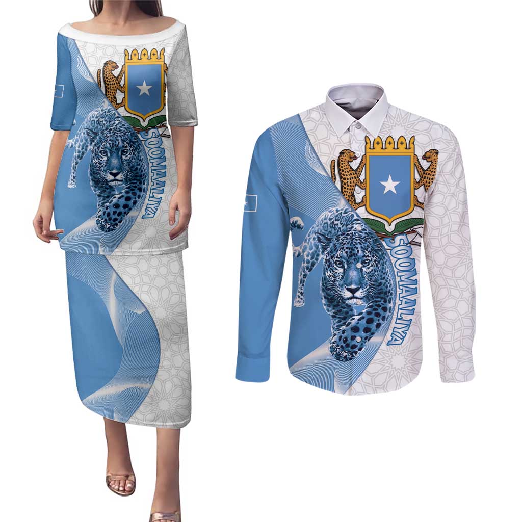 Somali Leopard Couples Matching Puletasi and Long Sleeve Button Shirt Coat Of Arms Islamic Pattern