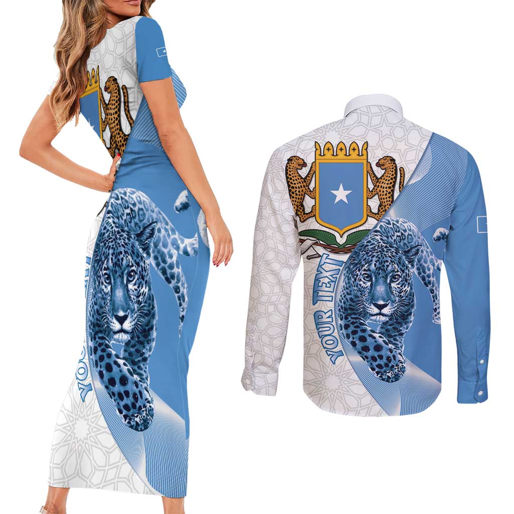 Somali Leopard Couples Matching Short Sleeve Bodycon Dress and Long Sleeve Button Shirt Coat Of Arms Islamic Pattern