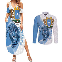 Somali Leopard Couples Matching Summer Maxi Dress and Long Sleeve Button Shirt Coat Of Arms Islamic Pattern