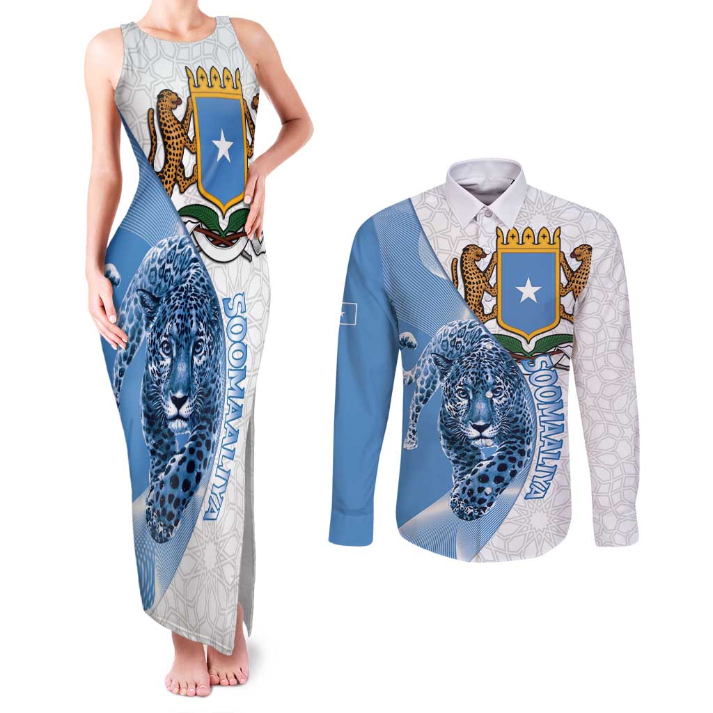Somali Leopard Couples Matching Tank Maxi Dress and Long Sleeve Button Shirt Coat Of Arms Islamic Pattern