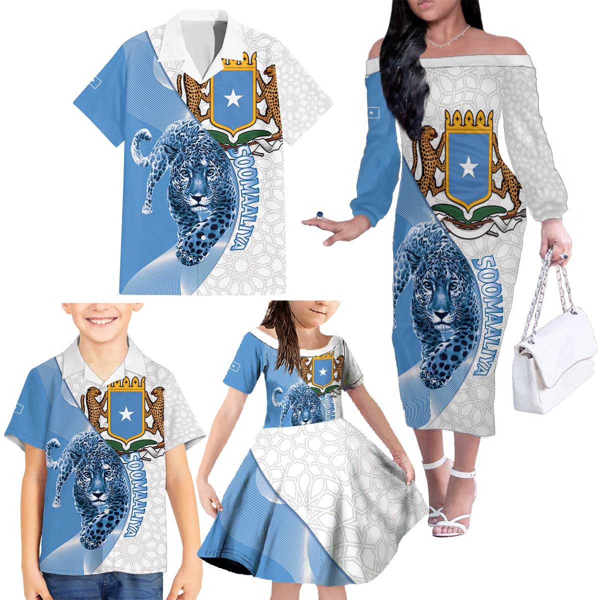 Somali Leopard Family Matching Off The Shoulder Long Sleeve Dress and Hawaiian Shirt Coat Of Arms Islamic Pattern