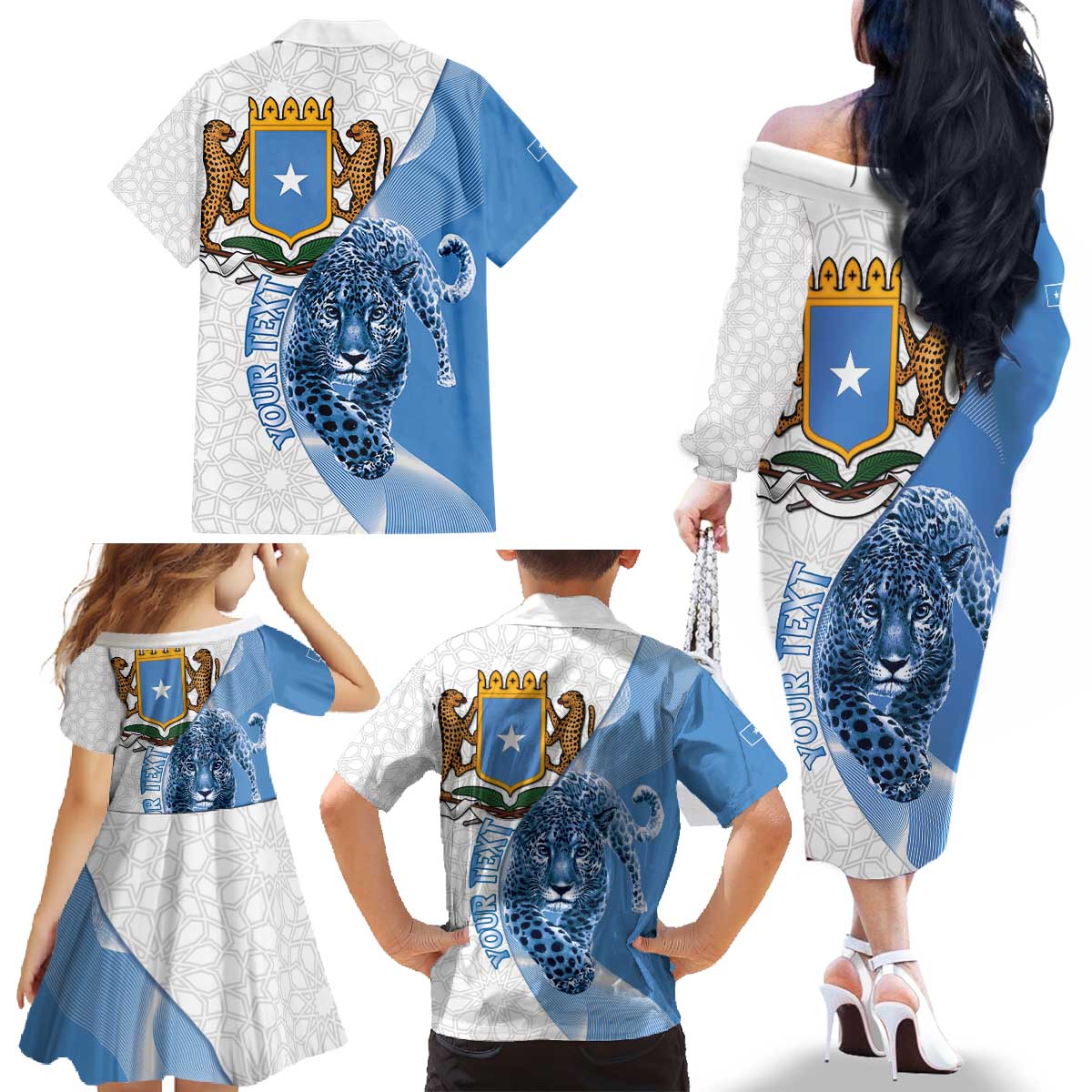 Somali Leopard Family Matching Off The Shoulder Long Sleeve Dress and Hawaiian Shirt Coat Of Arms Islamic Pattern