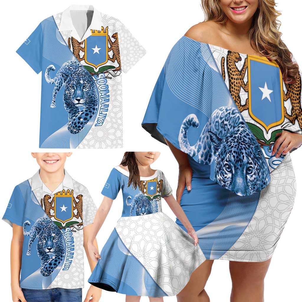 Somali Leopard Family Matching Off Shoulder Short Dress and Hawaiian Shirt Coat Of Arms Islamic Pattern