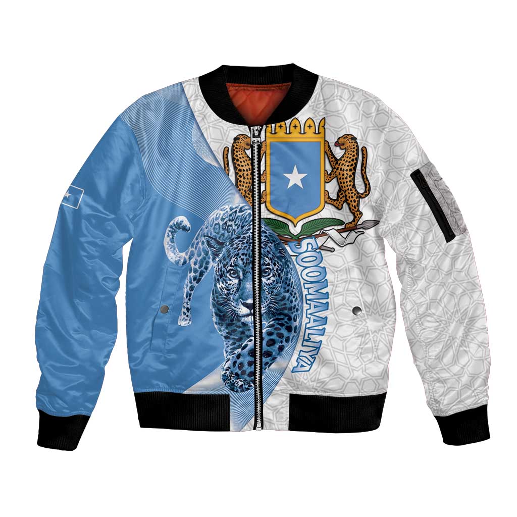 Somali Leopard Sleeve Zip Bomber Jacket Coat Of Arms Islamic Pattern