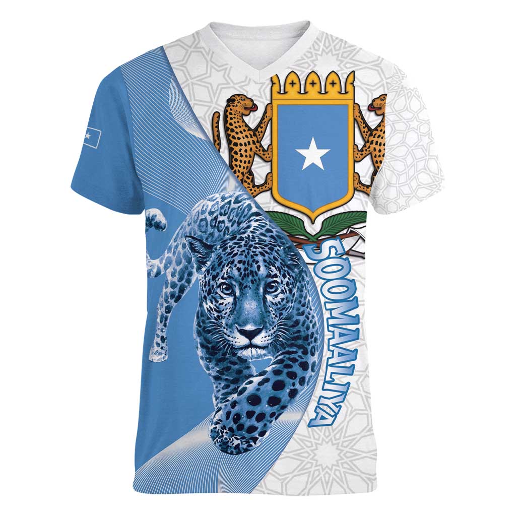 Somali Leopard Women V-Neck T-Shirt Coat Of Arms Islamic Pattern