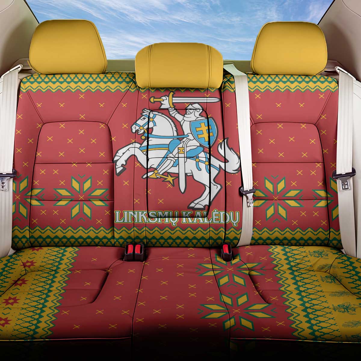 Lithuania Christmas Back Car Seat Cover Coat Of Arms Linksmu Kaledu - Wonder Print Shop