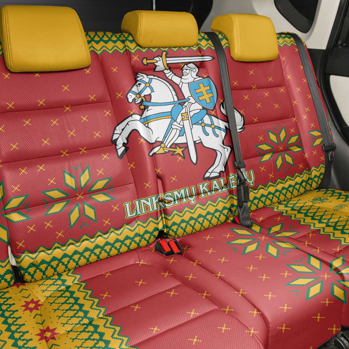 Lithuania Christmas Back Car Seat Cover Coat Of Arms Linksmu Kaledu - Wonder Print Shop