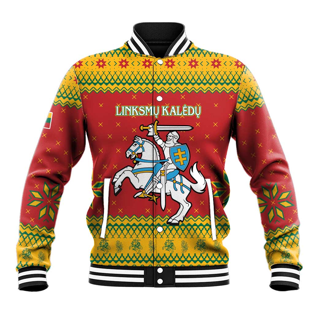 Lithuania Christmas Baseball Jacket Coat Of Arms Linksmu Kaledu - Wonder Print Shop