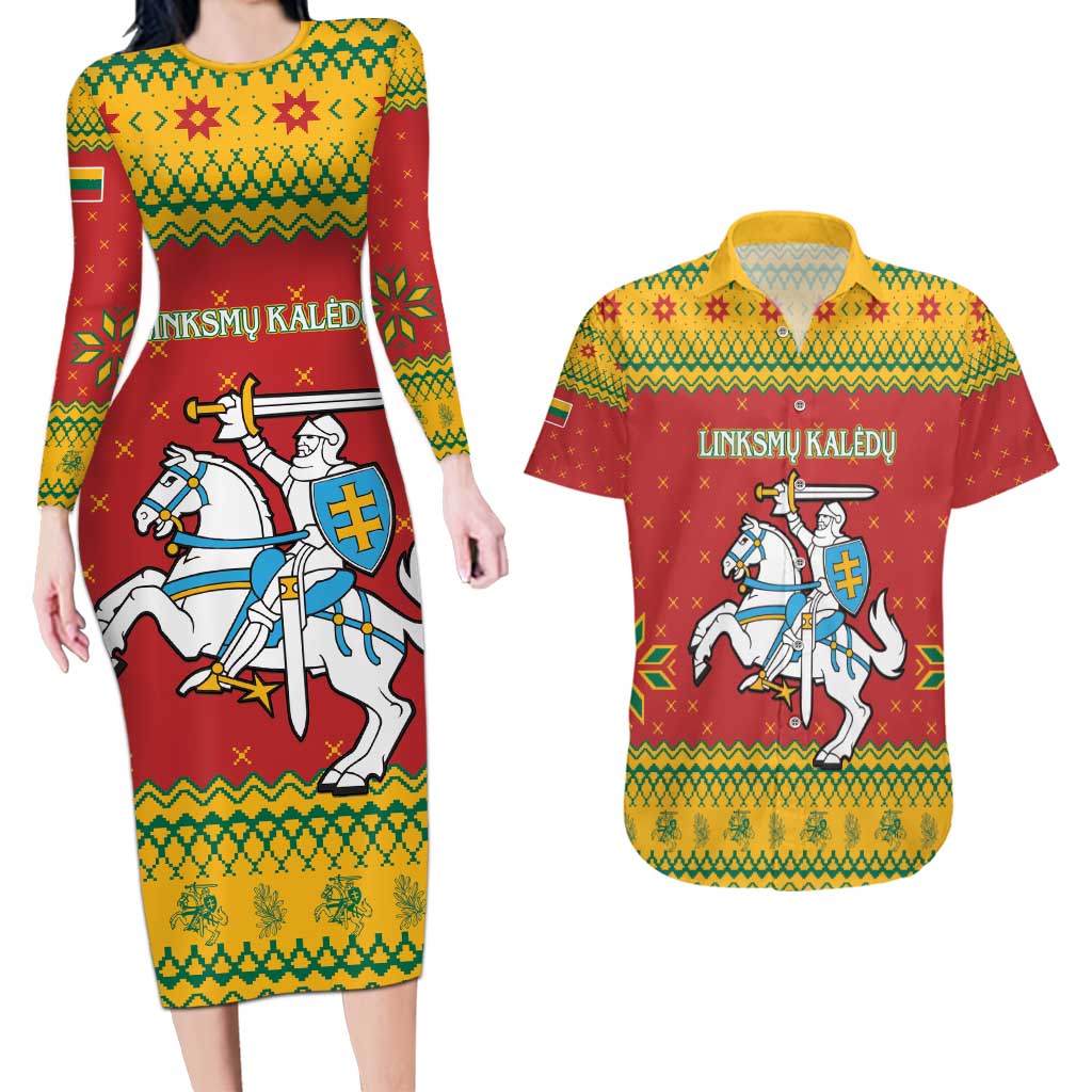 Lithuania Christmas Couples Matching Long Sleeve Bodycon Dress and Hawaiian Shirt Coat Of Arms Linksmu Kaledu - Wonder Print Shop