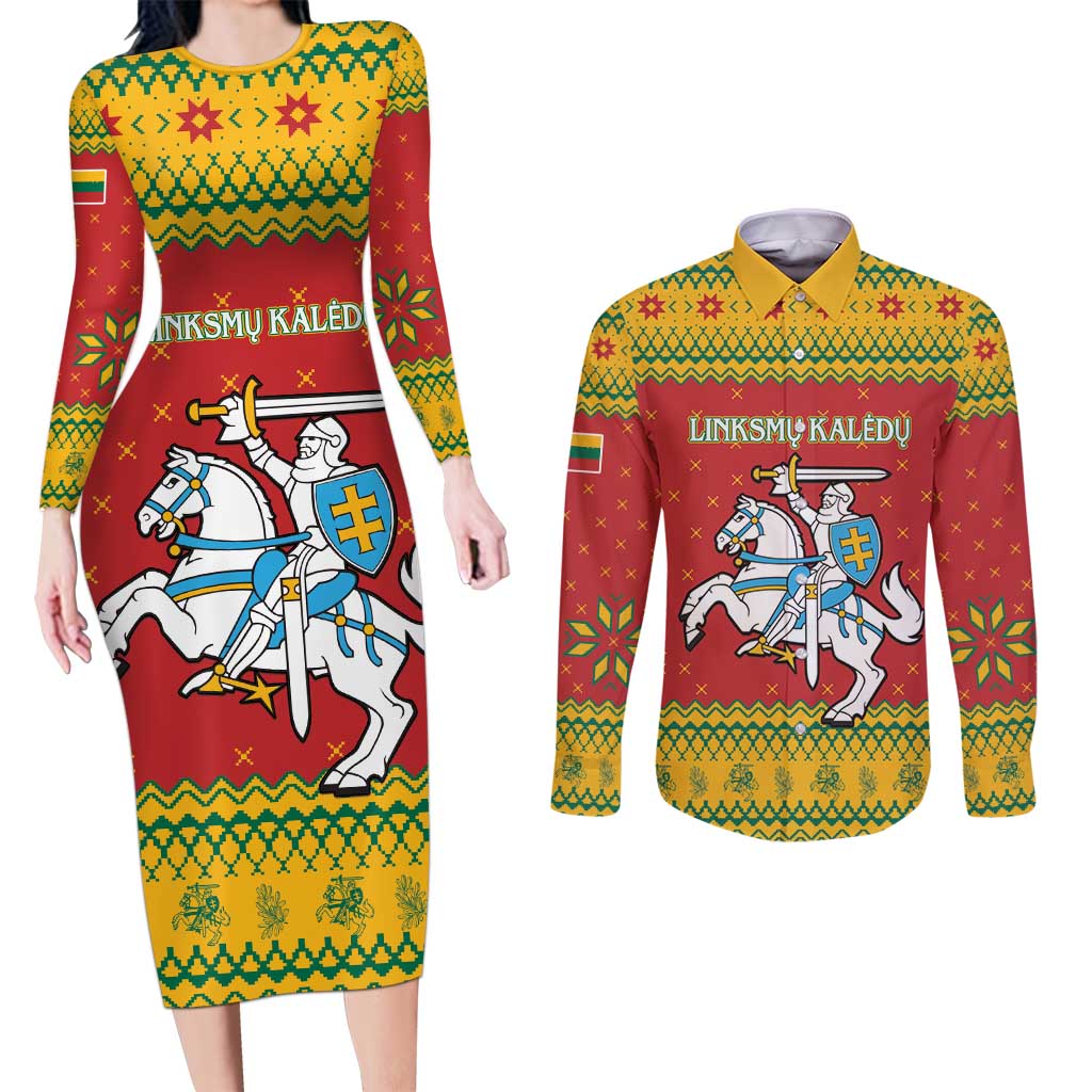 Lithuania Christmas Couples Matching Long Sleeve Bodycon Dress and Long Sleeve Button Shirt Coat Of Arms Linksmu Kaledu - Wonder Print Shop