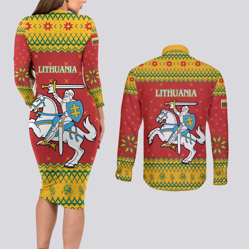 Lithuania Christmas Couples Matching Long Sleeve Bodycon Dress and Long Sleeve Button Shirt Coat Of Arms Linksmu Kaledu - Wonder Print Shop