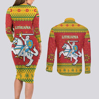 Lithuania Christmas Couples Matching Long Sleeve Bodycon Dress and Long Sleeve Button Shirt Coat Of Arms Linksmu Kaledu - Wonder Print Shop