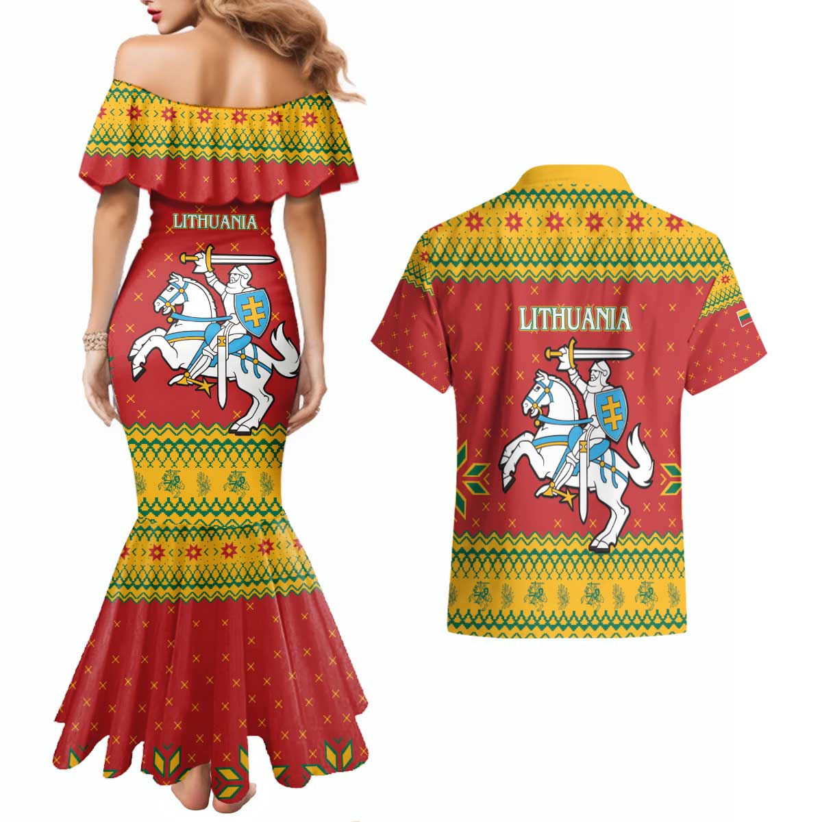 Lithuania Christmas Couples Matching Mermaid Dress and Hawaiian Shirt Coat Of Arms Linksmu Kaledu - Wonder Print Shop