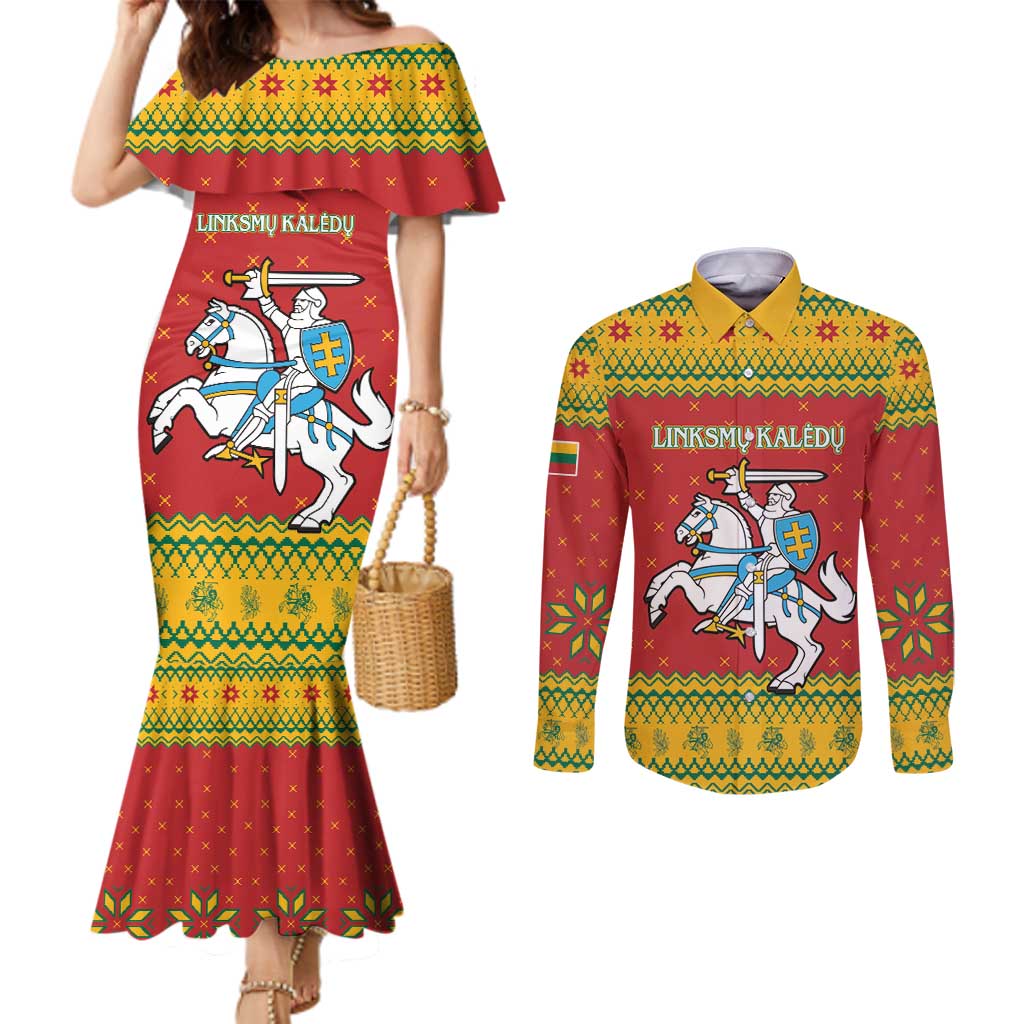 Lithuania Christmas Couples Matching Mermaid Dress and Long Sleeve Button Shirt Coat Of Arms Linksmu Kaledu