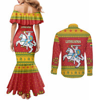 Lithuania Christmas Couples Matching Mermaid Dress and Long Sleeve Button Shirt Coat Of Arms Linksmu Kaledu