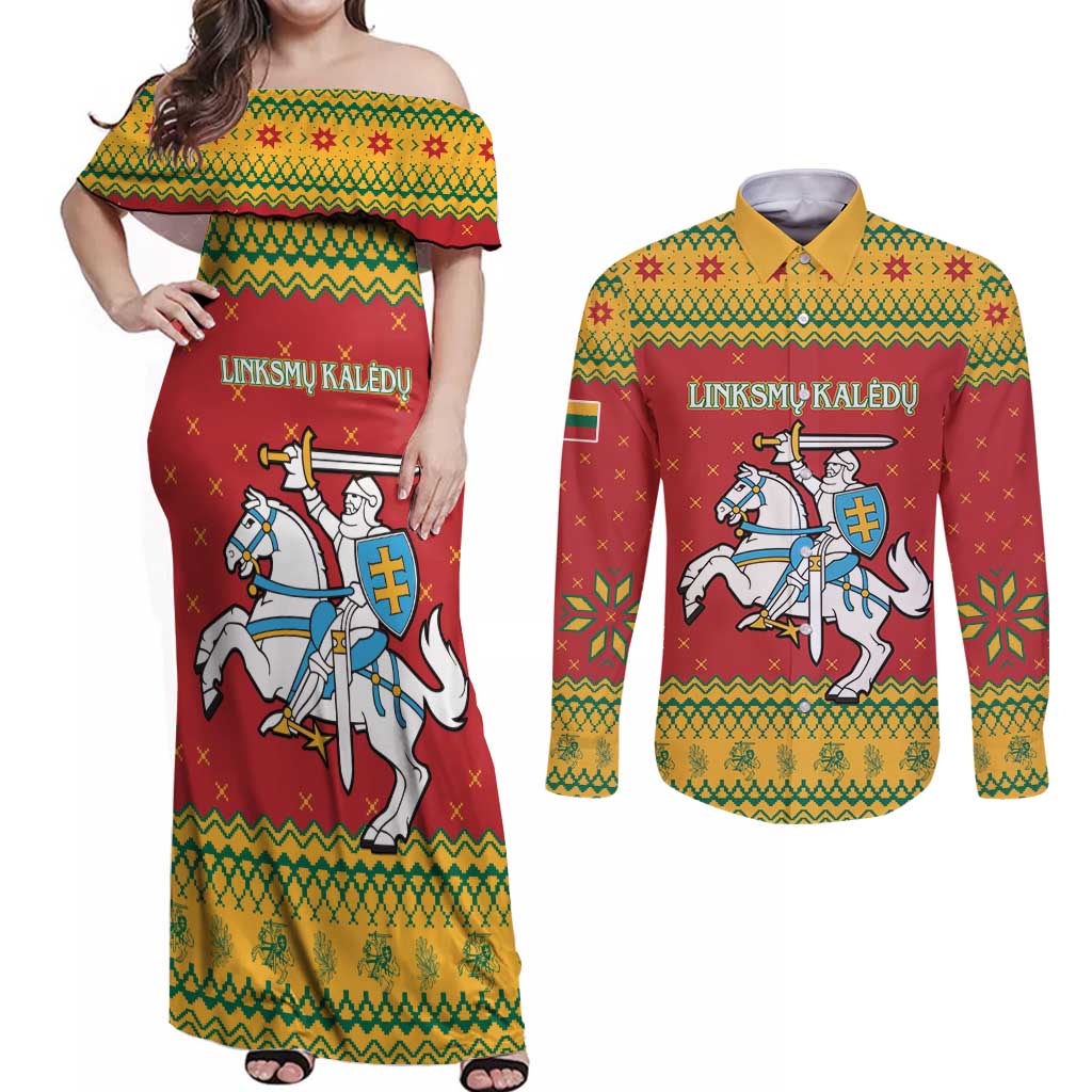 Lithuania Christmas Couples Matching Off Shoulder Maxi Dress and Long Sleeve Button Shirt Coat Of Arms Linksmu Kaledu - Wonder Print Shop