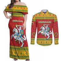 Lithuania Christmas Couples Matching Off Shoulder Maxi Dress and Long Sleeve Button Shirt Coat Of Arms Linksmu Kaledu - Wonder Print Shop