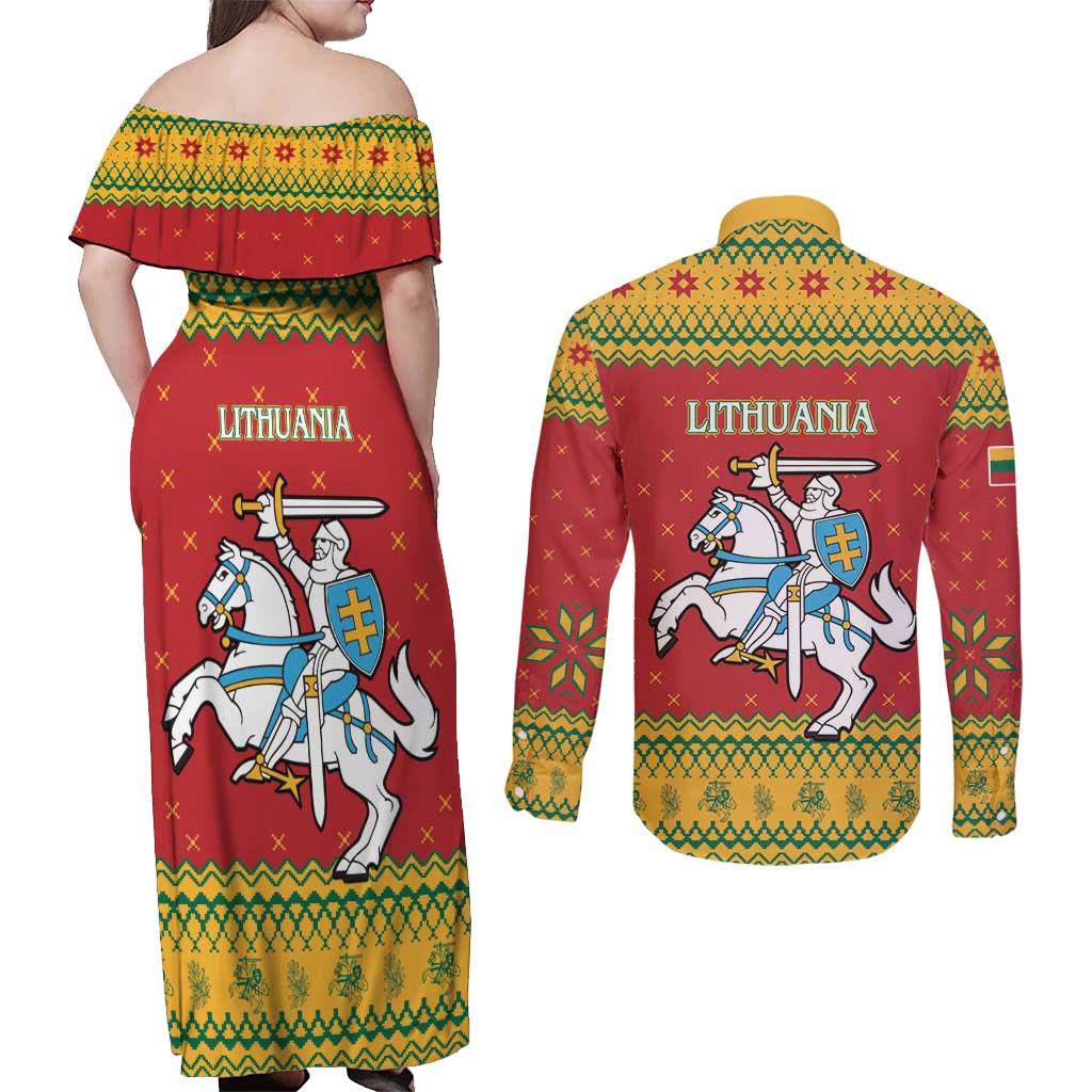 Lithuania Christmas Couples Matching Off Shoulder Maxi Dress and Long Sleeve Button Shirt Coat Of Arms Linksmu Kaledu - Wonder Print Shop