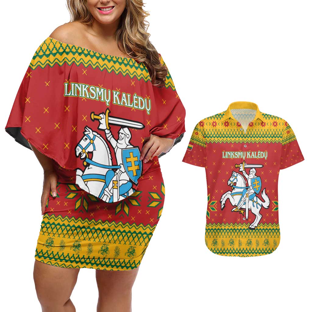 Lithuania Christmas Couples Matching Off Shoulder Short Dress and Hawaiian Shirt Coat Of Arms Linksmu Kaledu - Wonder Print Shop