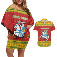 Lithuania Christmas Couples Matching Off Shoulder Short Dress and Hawaiian Shirt Coat Of Arms Linksmu Kaledu - Wonder Print Shop