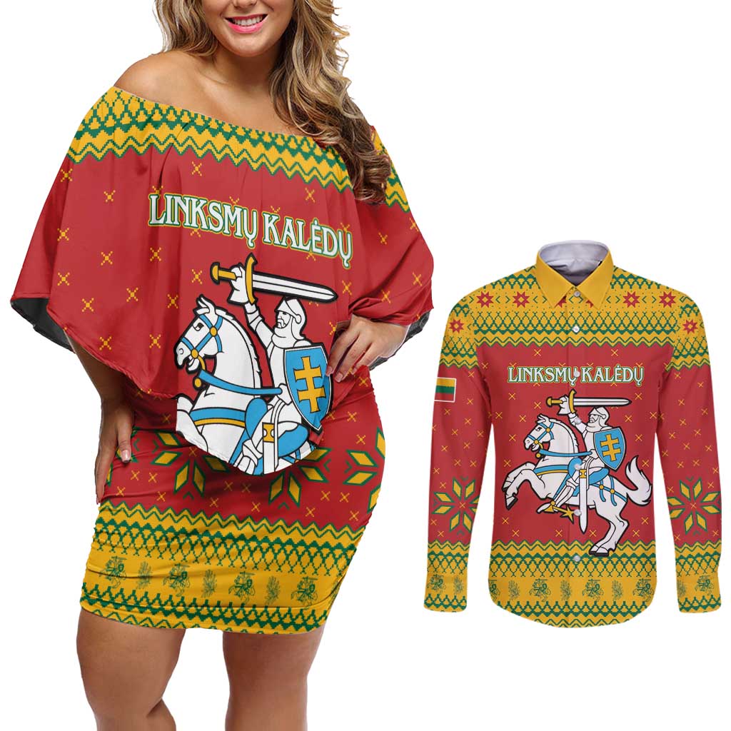 Lithuania Christmas Couples Matching Off Shoulder Short Dress and Long Sleeve Button Shirt Coat Of Arms Linksmu Kaledu - Wonder Print Shop