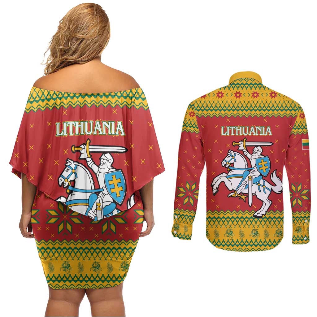 Lithuania Christmas Couples Matching Off Shoulder Short Dress and Long Sleeve Button Shirt Coat Of Arms Linksmu Kaledu - Wonder Print Shop