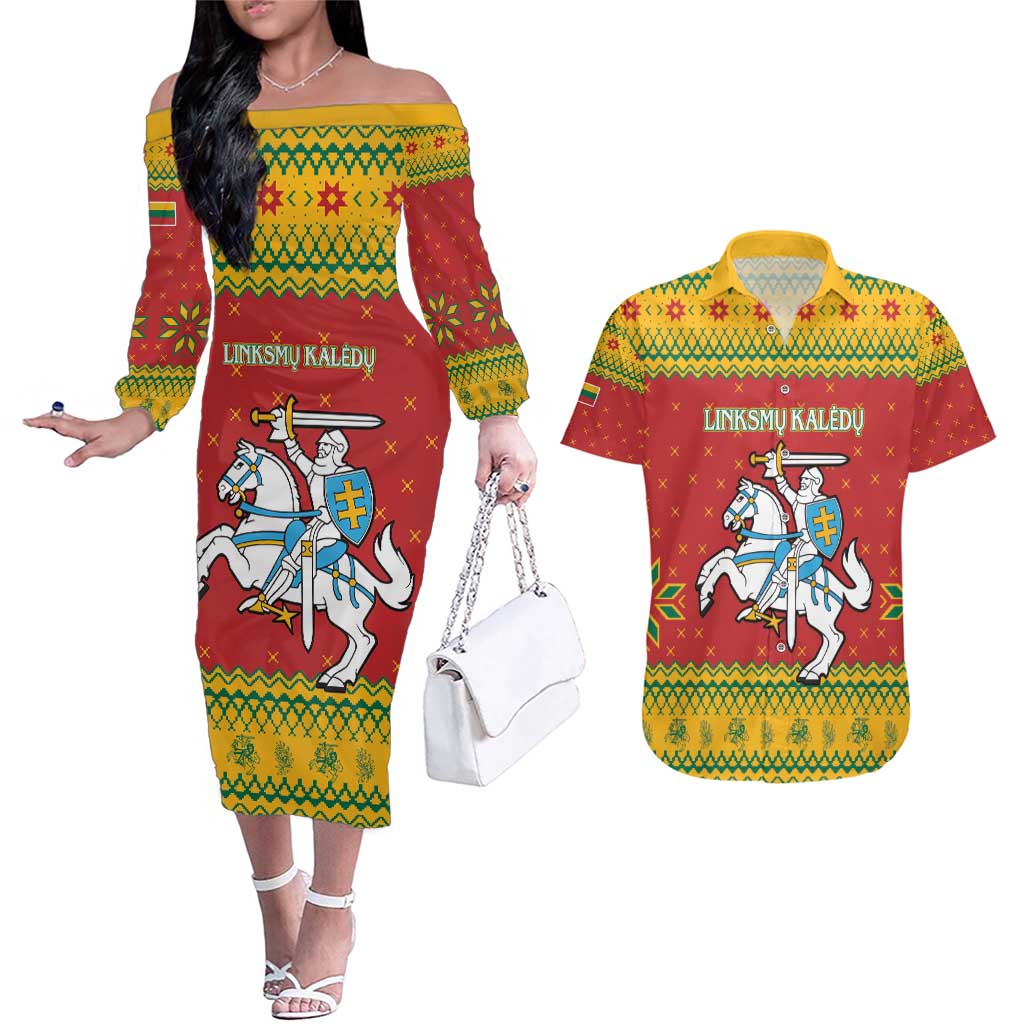 Lithuania Christmas Couples Matching Off The Shoulder Long Sleeve Dress and Hawaiian Shirt Coat Of Arms Linksmu Kaledu - Wonder Print Shop
