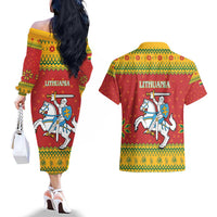 Lithuania Christmas Couples Matching Off The Shoulder Long Sleeve Dress and Hawaiian Shirt Coat Of Arms Linksmu Kaledu - Wonder Print Shop