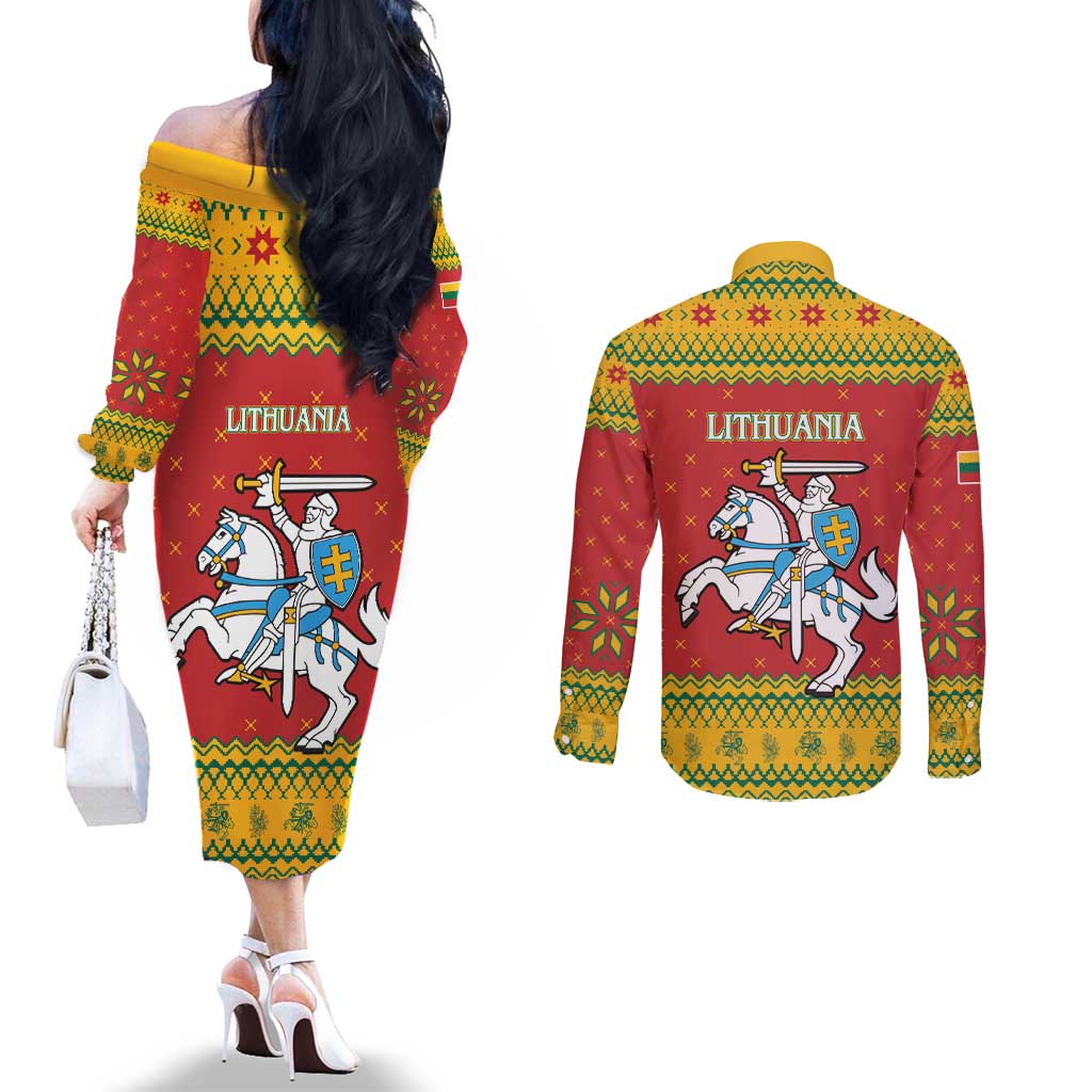 Lithuania Christmas Couples Matching Off The Shoulder Long Sleeve Dress and Long Sleeve Button Shirt Coat Of Arms Linksmu Kaledu