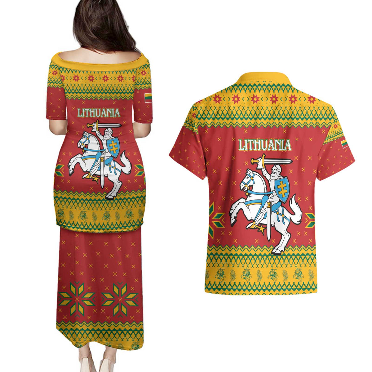 Lithuania Christmas Couples Matching Puletasi and Hawaiian Shirt Coat Of Arms Linksmu Kaledu - Wonder Print Shop