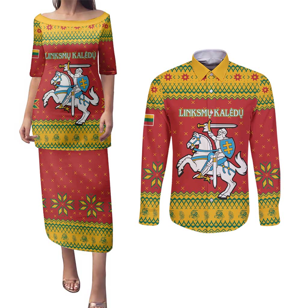 Lithuania Christmas Couples Matching Puletasi and Long Sleeve Button Shirt Coat Of Arms Linksmu Kaledu - Wonder Print Shop