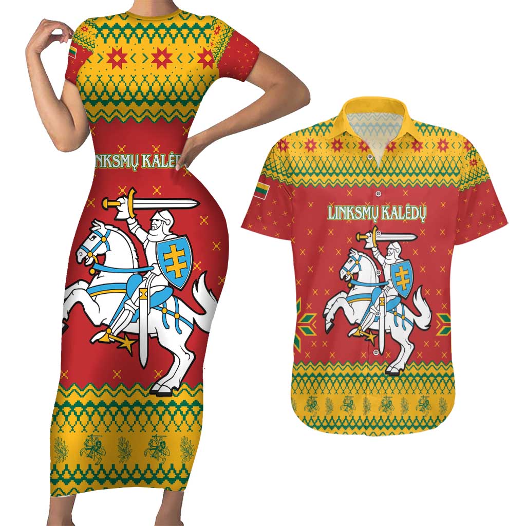 Lithuania Christmas Couples Matching Short Sleeve Bodycon Dress and Hawaiian Shirt Coat Of Arms Linksmu Kaledu - Wonder Print Shop