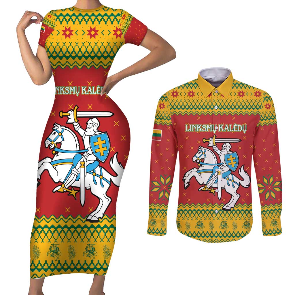 Lithuania Christmas Couples Matching Short Sleeve Bodycon Dress and Long Sleeve Button Shirt Coat Of Arms Linksmu Kaledu - Wonder Print Shop