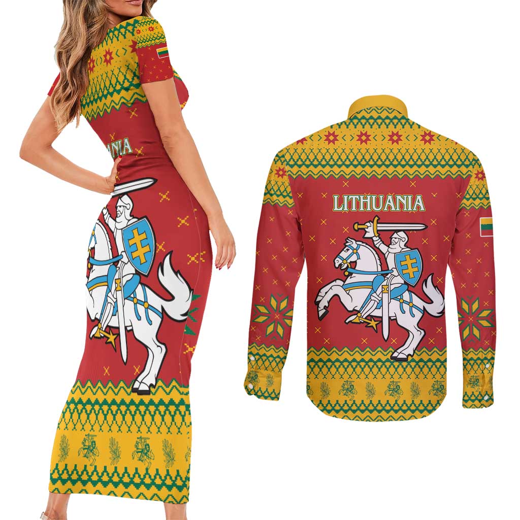 Lithuania Christmas Couples Matching Short Sleeve Bodycon Dress and Long Sleeve Button Shirt Coat Of Arms Linksmu Kaledu - Wonder Print Shop